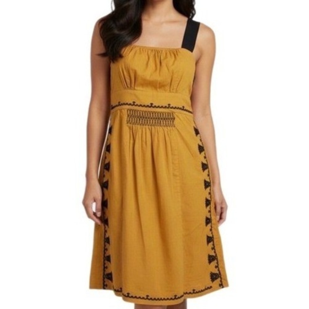 Floreat Embroidered Sundress Women 2 Mustard Yellow Cotton Boho Pinafore